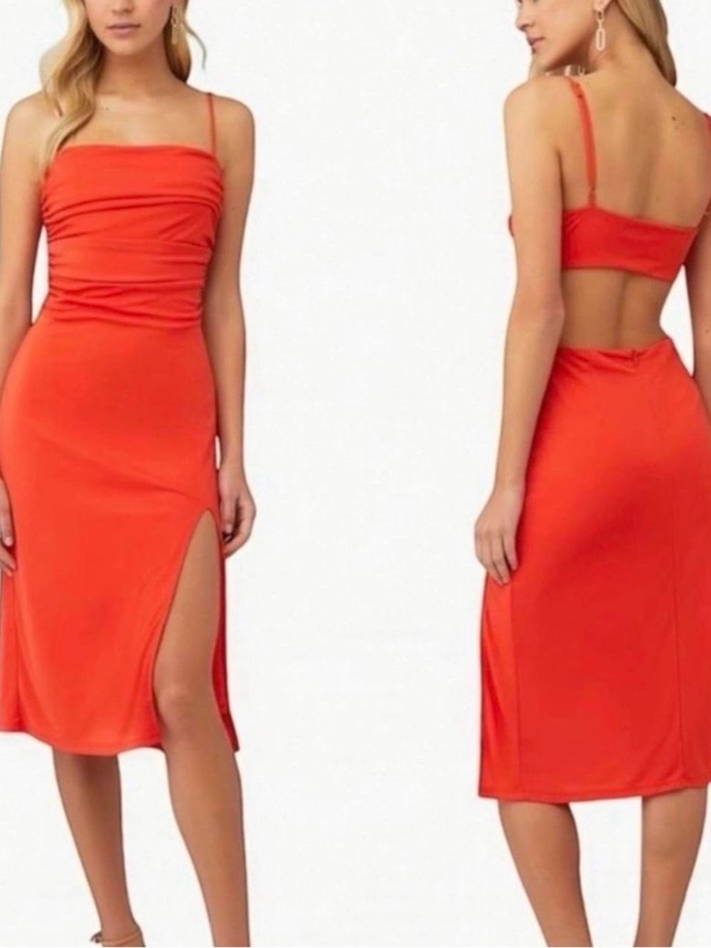 Astr Geller Hot Red Midi Dress with Side Slit